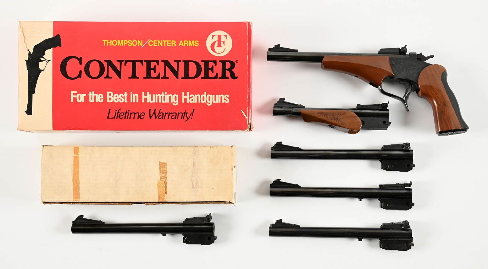 (M) THOMPSON CENTER CONTENDER SINGLE SHOT PISTOL WITH FIVE EXTRA BARRELS. (1 of 3)