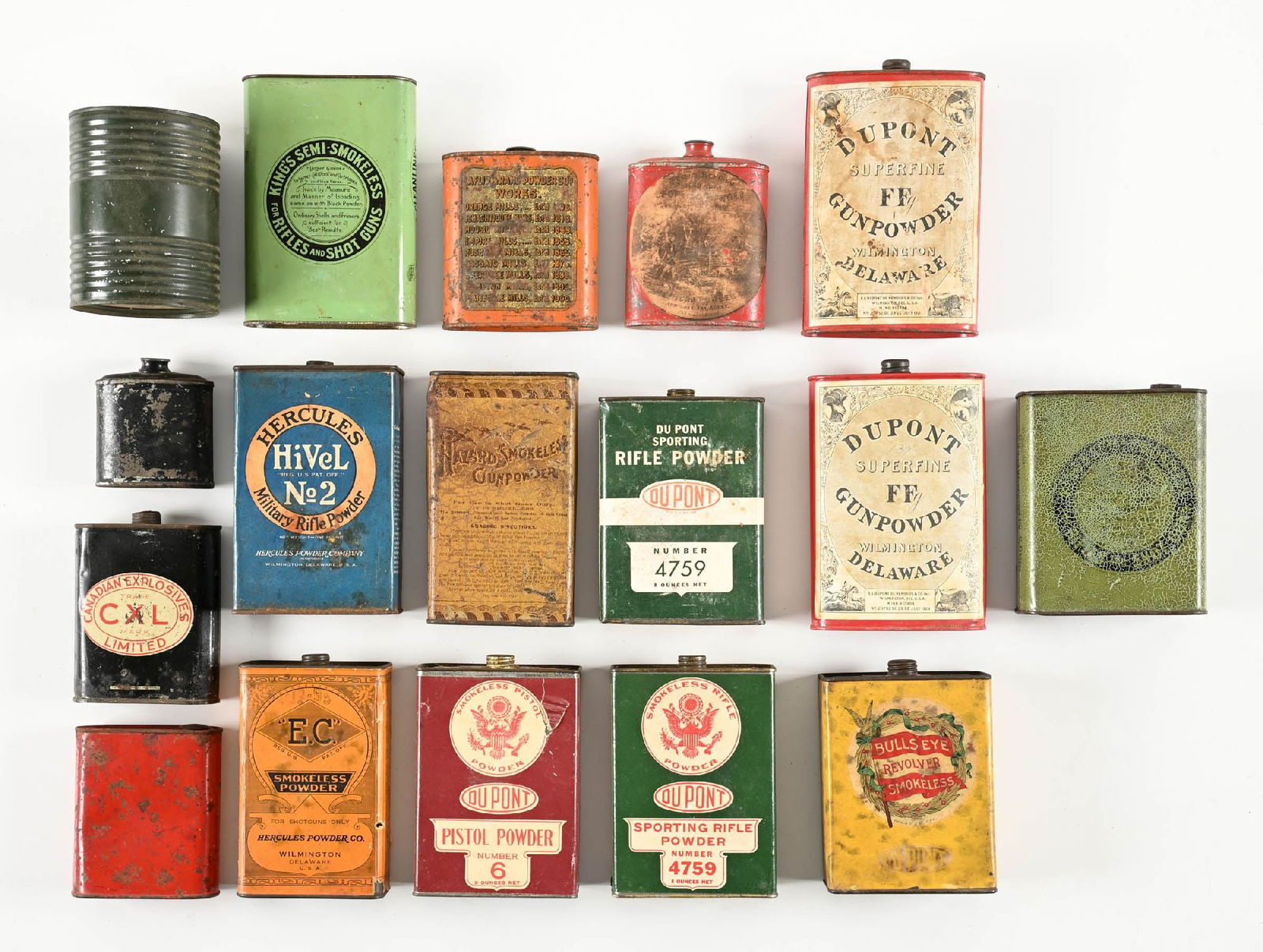 LARGE LOT OF 17 VINTAGE GUNPOWDER CANS. (1 of 1)