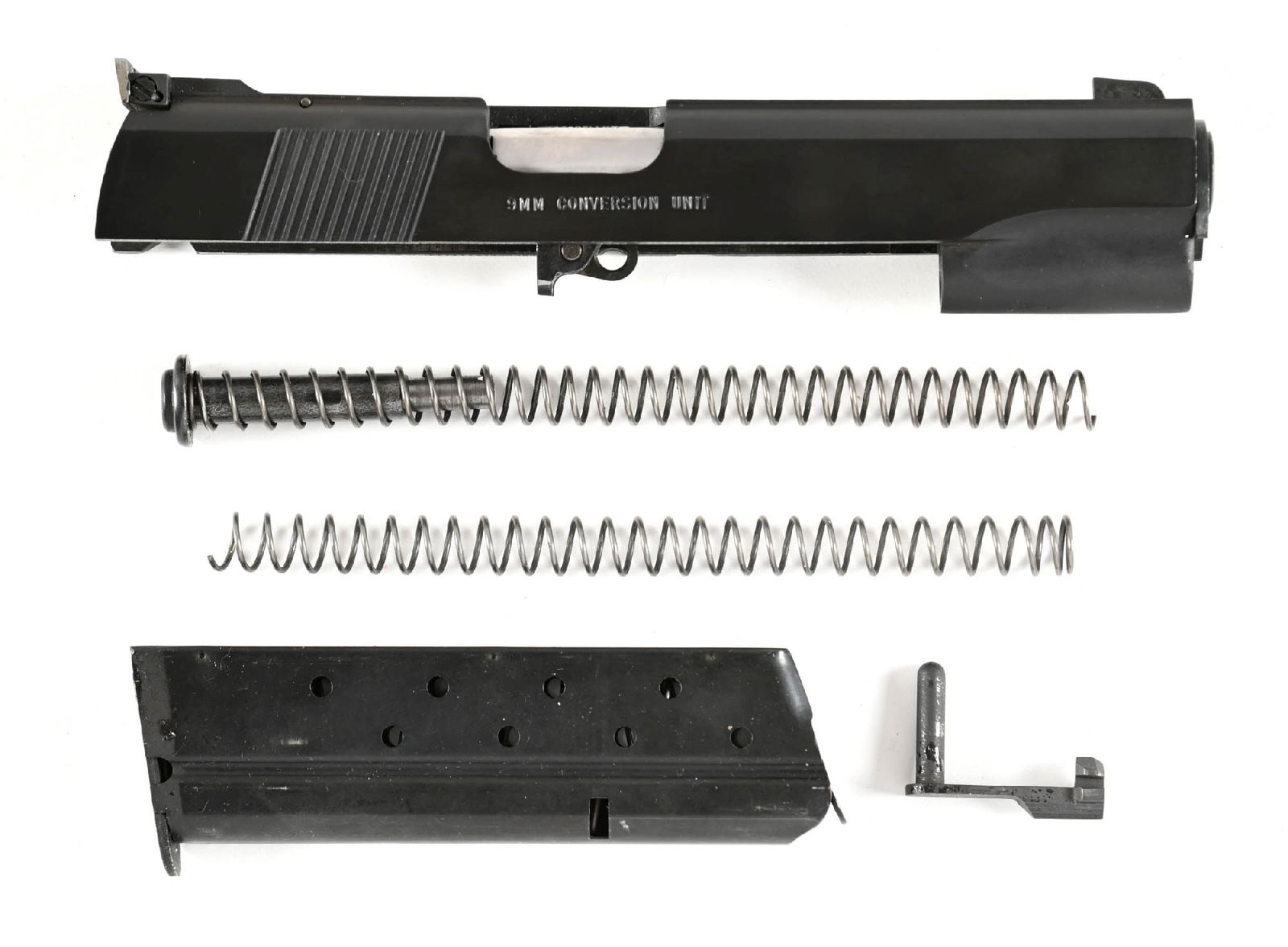 COLT MK IV SERIES 80 9MM CONVERSION KIT IN BOX: This is a dual toned blue slide with an adjustable rear sight, barrel, springs, plunger, magazine and slide lock. CONDITION: Shows as near new with nominal handling marks.