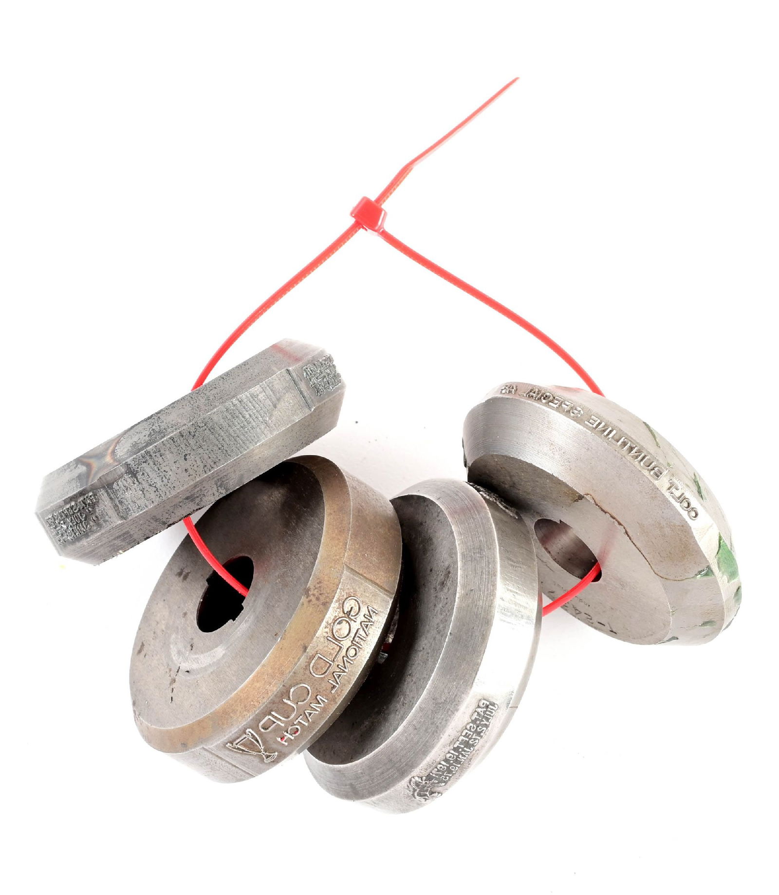 LOT OF 4: COLT ROLL DIES.: Lot consists of four of the roll dies Colt used to mark legends on guns. (A) reads "PAT. SEPT. 19, 1871. / JULY. 2, -72. / JAN. 19, -72." in three lines. (B) reads "GOLD CUP / NATIONAL MATC" with a tr