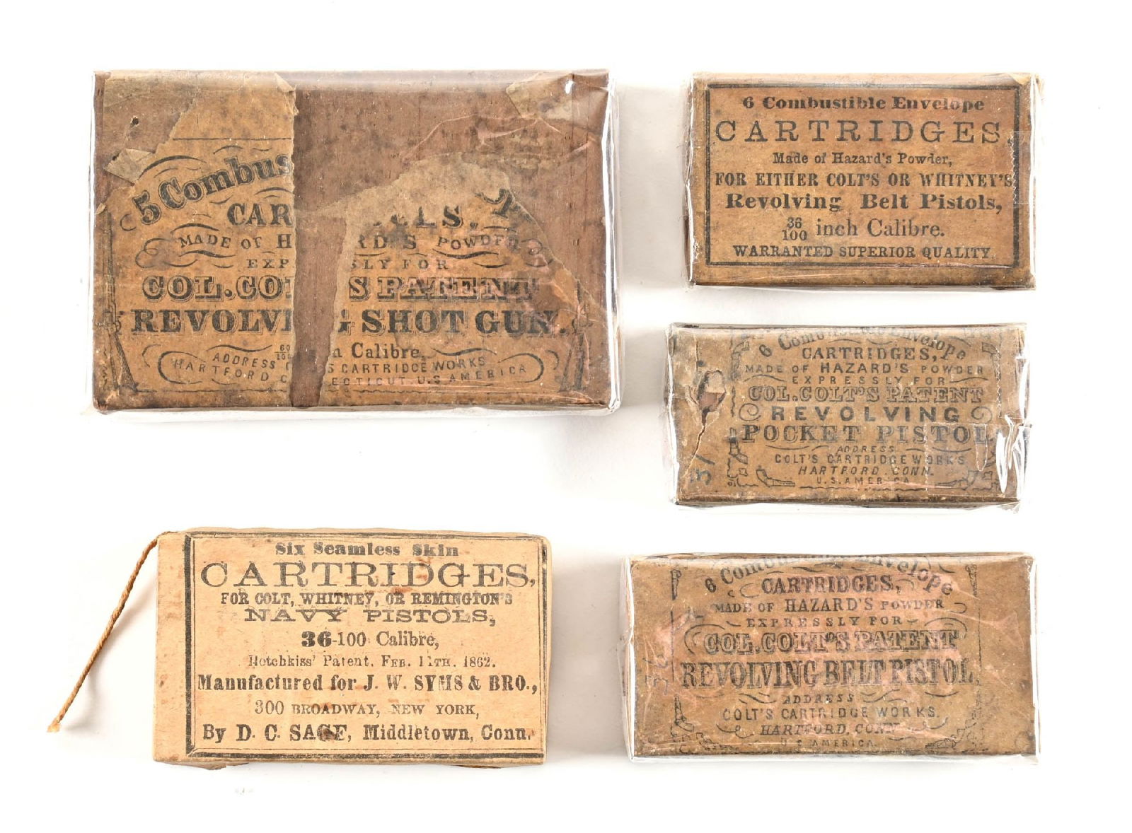 LOT OF 5: MIXED MANUFACTURE EARLY COLT CARTRIDGE PERCUSSION ENVELOPES. (1 of 1)