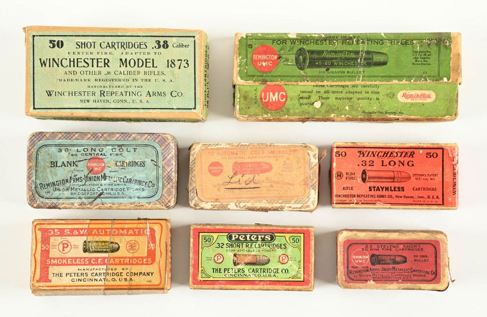 LOT OF 8: COLLECTIBLE ANTIQUE TWO PIECE AMMO BOXES. (1 of 1)