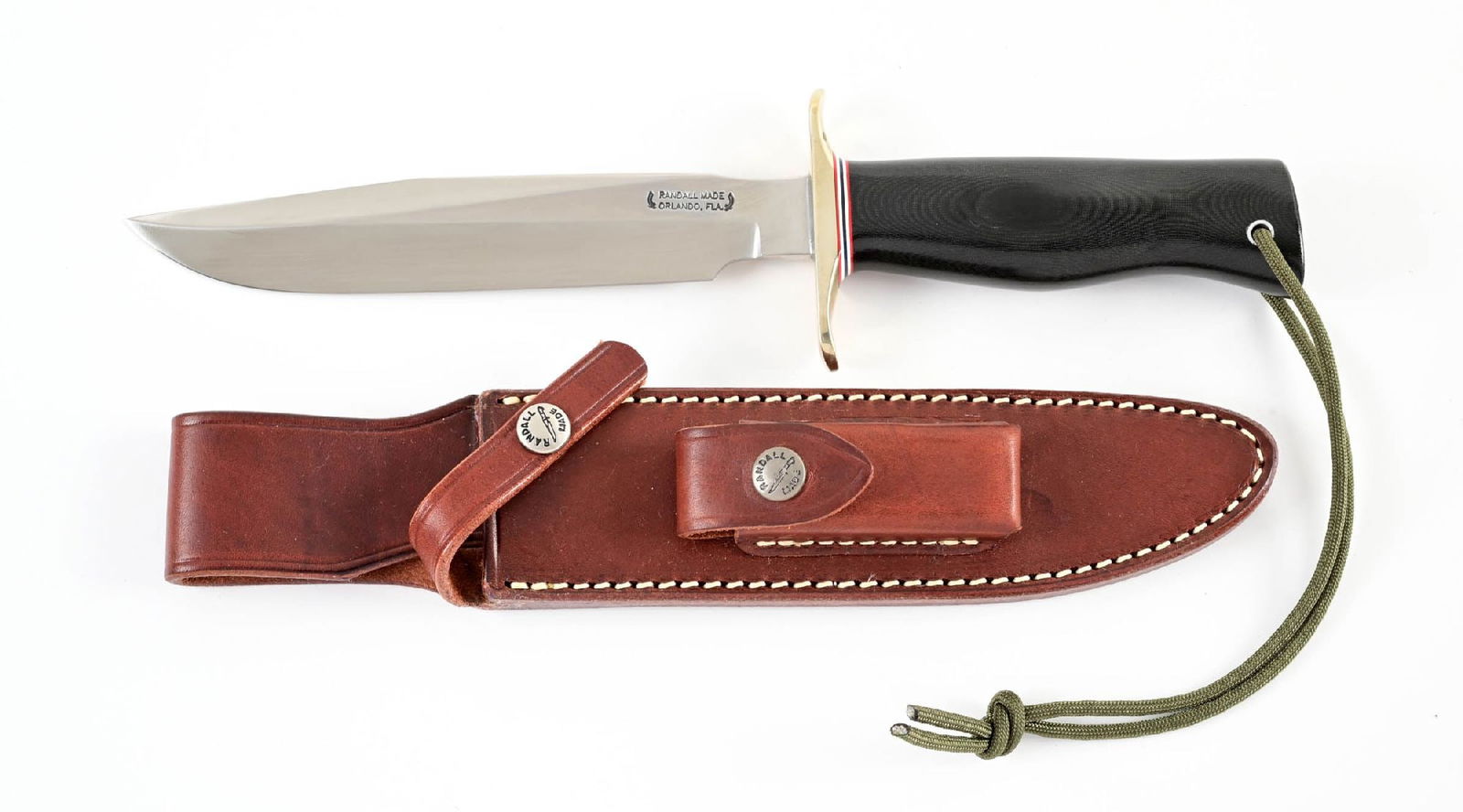 RANDALL MODEL 1-7 ALL PURPOSE FIGHTER.: Randall Model 1-7 with a clip point blade marked "RANDALL MADE / ORLANDO, FL" between Randall's signature scimitars. Carbon steel construction. Blade is bright with great crossgraining. Silvered cross
