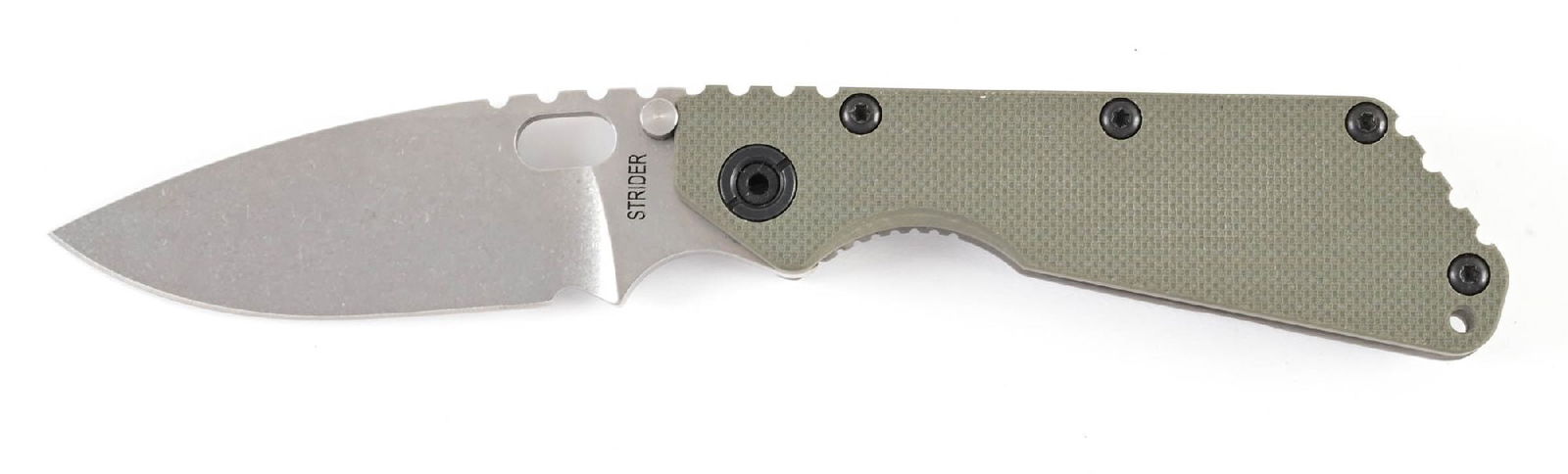CUSTOM MICK STRIDER SMF FRAME LOCK FOLDER.: Stonewashed drop point blade with knurled thumb rest. Blade is marked "STRIDER" on obverse with his logo and "U.S.A." on reverse. Green G-10 face scale and tumbled titanium back scale and belt clip. A