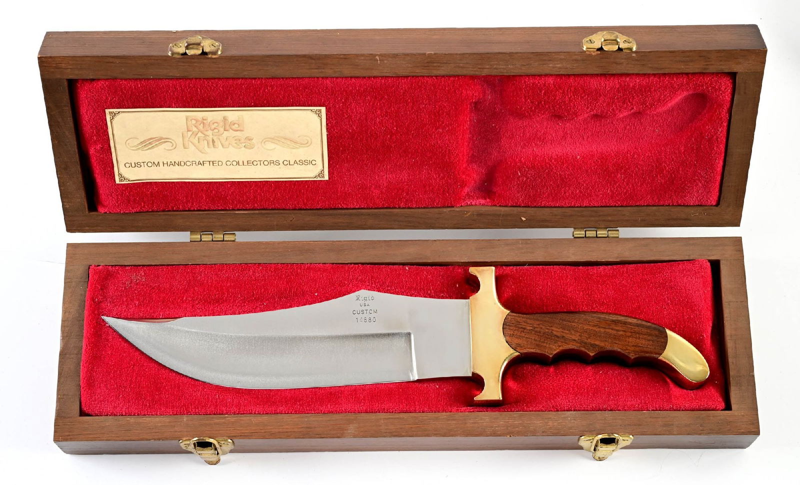 RIGID KNIVES CUSTOM ALAMO BOWIE.: This Custom Alamo Bowie by Rigid Knives features a satin finished upswept blade with a false top edge marked "Rigid / USA / CUSTOM / 14880" on the obverse cheek. The blade is bright with scattered lig