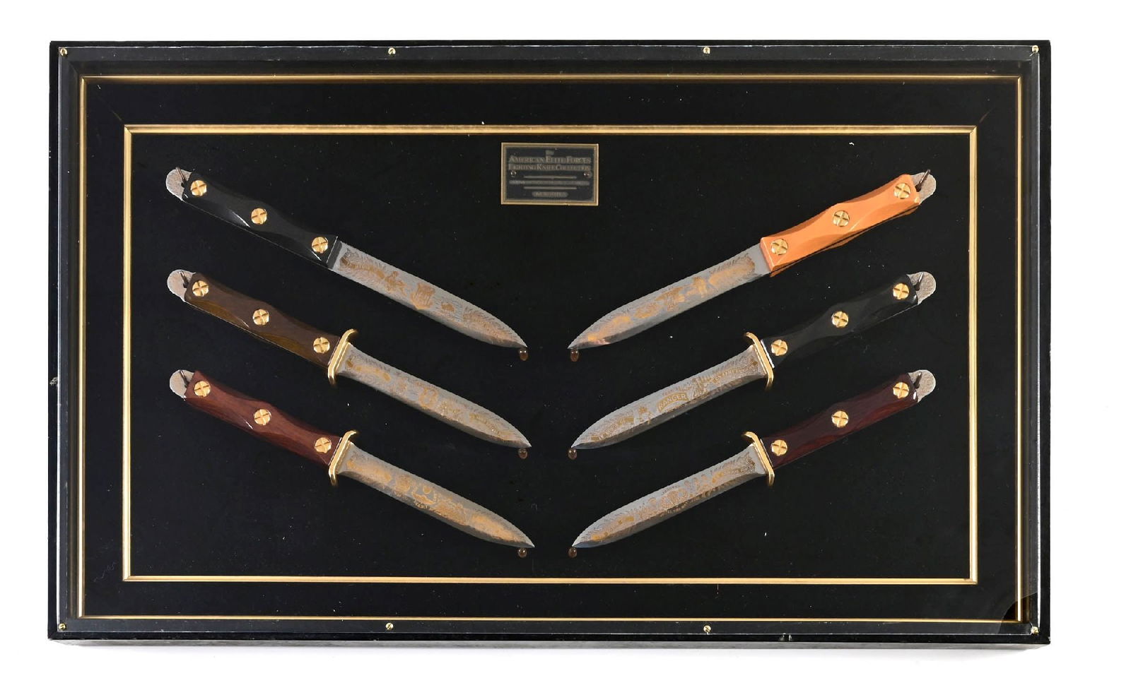 JOHN EK LIMITED EDITION THE AMERICAN ELITE FORCES FIGHTING KNIFE COLLECTION.: American Elite Forces Fighting Knife Collection #0134 John EK Commemorative Fighting Knife Set. 2500 sets were made exclusively for the American Historical Foundation to commemorate Air Special Operat
