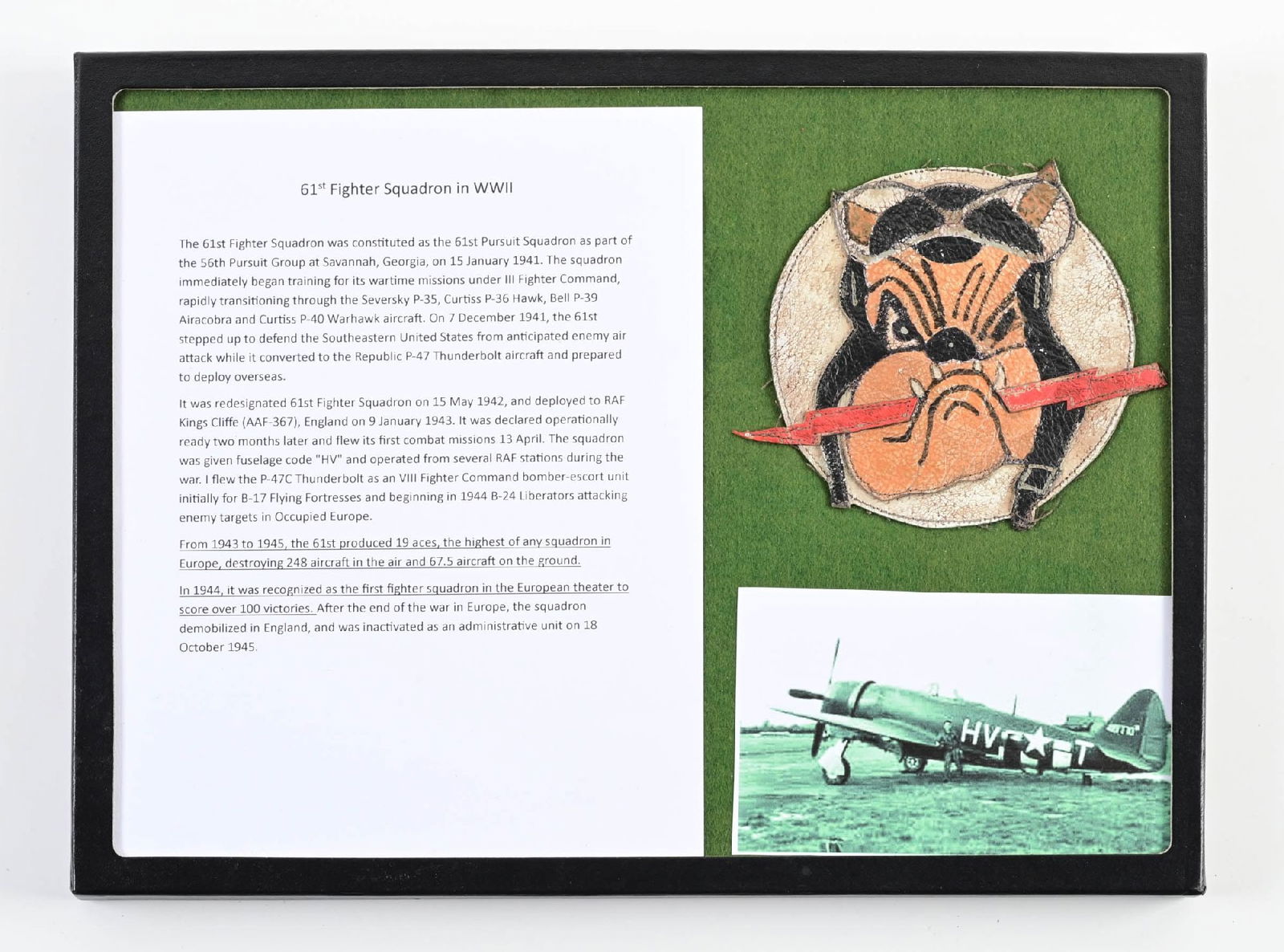 US WWII 61ST FIGHTER SQUADRON PATCH.: Multipiece leather construction with painted details. Thread around border is consistent with a jacket removed patch. Measures 5 - 1/4" x 6" (including the lightning bolt.) Patch reverse is marked