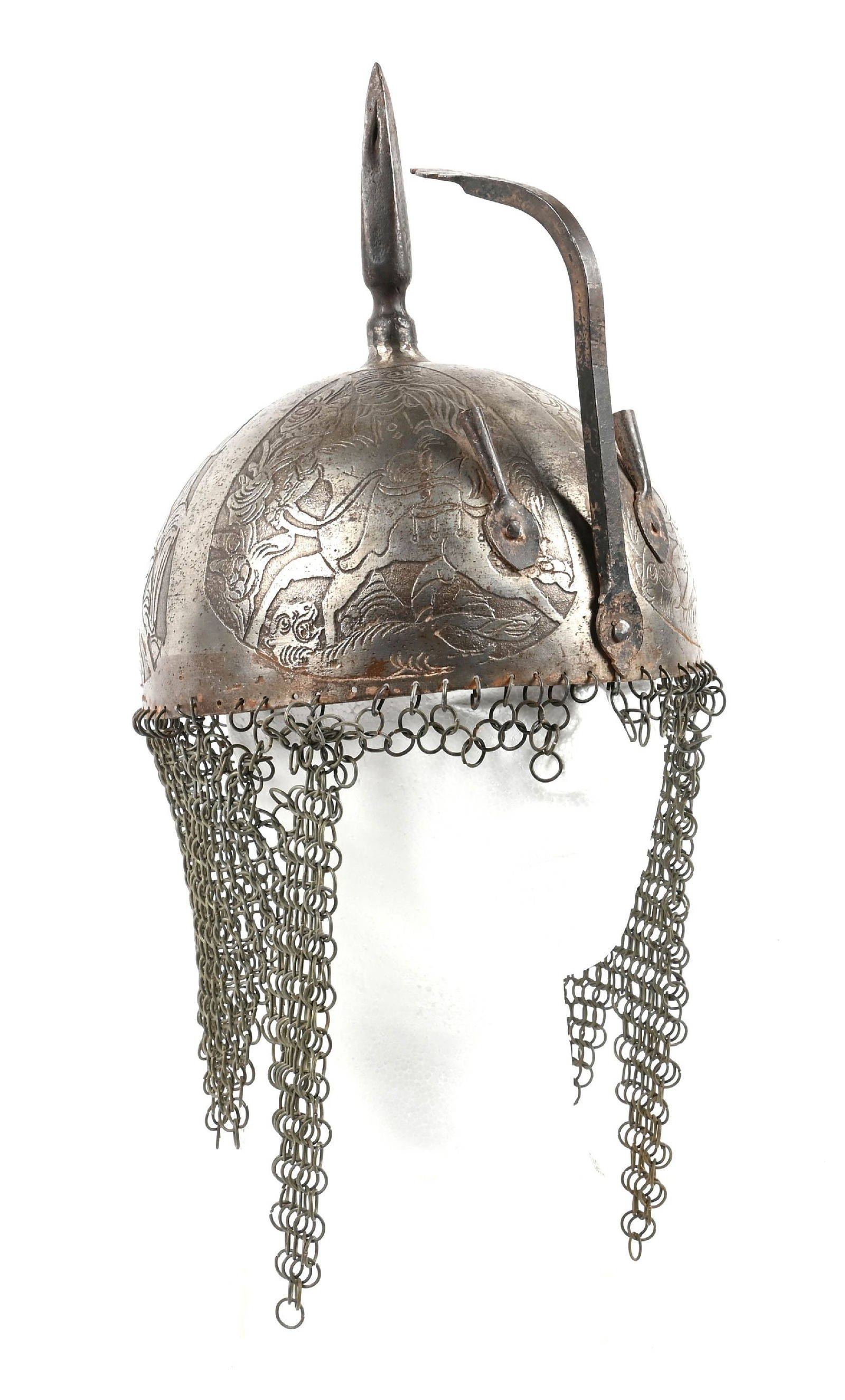 VICTORIAN KULAH KHUD.: Khula Khud helmets originated in Central Asia and Turkestan. This example features a spike at the top of the helmet. Two plume holders are on either side used to mount feathers. The feathers are missi