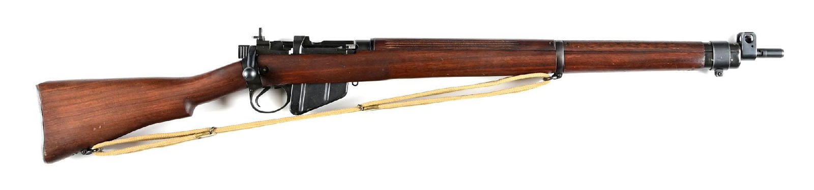 (C) LONGBRANCH NO. 4 MK1* ENFIELD BOLT ACTION RIFLE.: 1942 manufacture. Blue finished with oil finished wood stocks. 2 position rear battle sight. Khaki cotton Canadian marked web sling. CONDITION: Extremely fine with all matching numbers. Brilliant brig