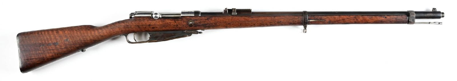 (A) SPANDAU GEWEHR 88 COMMISION BOLT ACTION RIFLE.: Manufactured 1892. Blue finished barrel and exterior shroud with bright finished 1892 dated receiver with regimental marking "99.R3.40." on left side of receiver bridge. Oil finished wood stock has Im