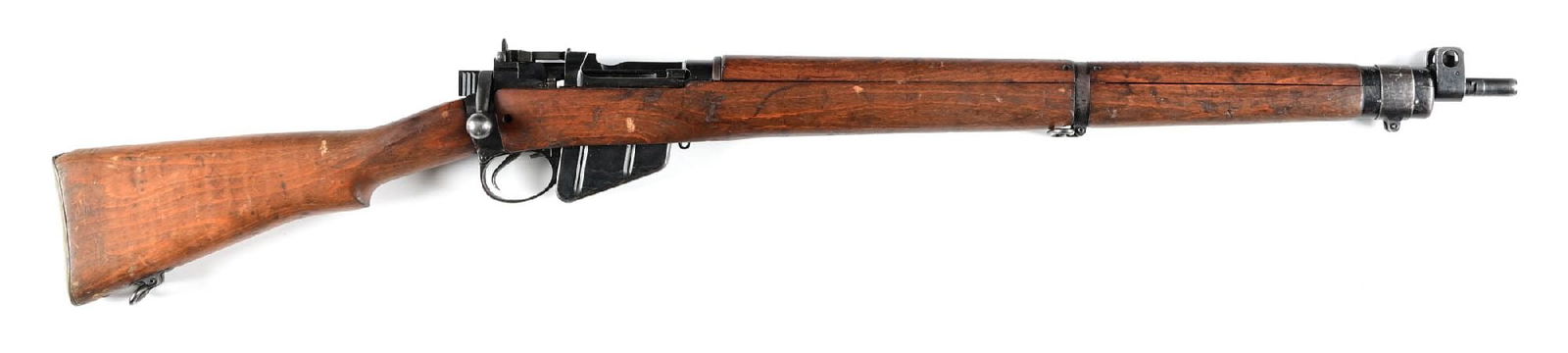 (C) BRITISH FRAZAKERLY ENFIELD NO.4 MK.2 BOLT ACTION RIFLE.: Receiver dated 11/54. Micrometer adjustable folding rear sight. Oil finished wood stocks. CONDITION: Very good with brilliant bore. 90% blue finish with excellent wood some light period of use