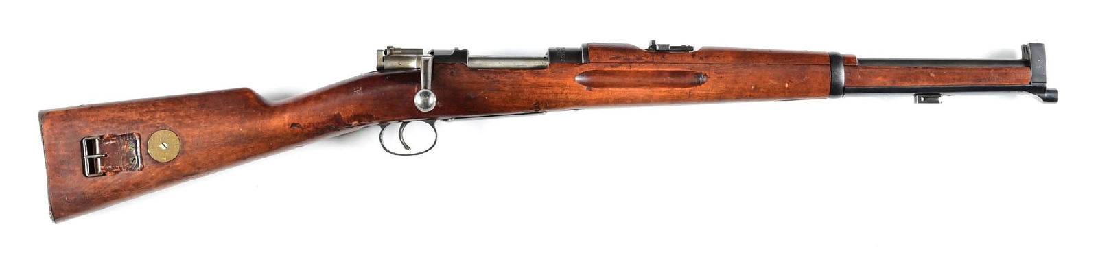 (C) SUPERB CARL GUSTAF MODEL 1894/14 BOLT ACTION CARBINE (1914).: Carl Gustaf 1914 dated receiver ring. Bright polished blue finish with bright polished bolt assembly and cartridge follower. Oil finished walnut stocks with ID disk. CONDITION: Extremely fine with met