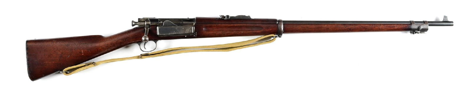 (A) U.S. SPRINGFIELD ARMORY MODEL 1898 KRAG BOLT ACTION RIFLE.: With SWP 1898 cartouche. Blade front sight and pattern 1898 slide adjustable rear sight. Mounted with British pattern web sling. CONDITION: Very good with bright sharp bore. Barrel and receiver
