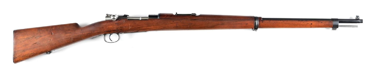 (A) SUPERB LOEWE MODEL 1895 CHILENO MAUSER BOLT ACTION RIFLE.: Manufactured 1895 by Ludwig Lowe of Berlin. Bright blue finish with Chilean crest on receiver ring. All matching serial numbers and crisp Chilean 1895 cartouche on butt stock. CONDITION: Extremely fin