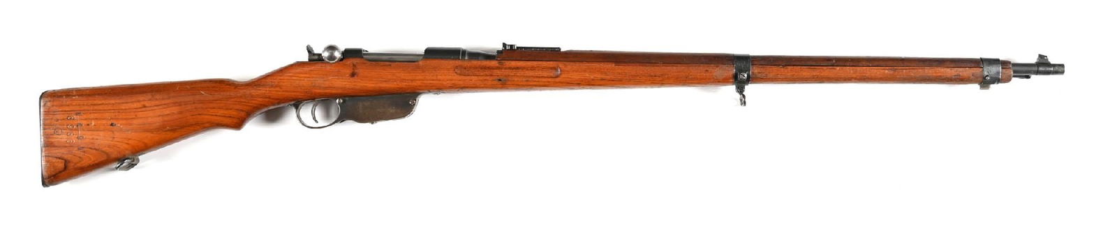 (C) STEYR MANNLICHER M.95 STRAIGHT PULL RIFLE.: Proofed in Vienna in 1916 for service in World War I. Full arsenal reapplied blued finish. Chamber marked with an "S" indicating conversion to spitzer ammunition. Blade front sight and ladder rear. Fo