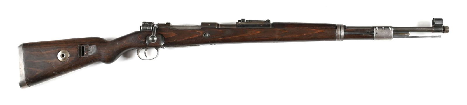 (C) MAUSER BYF 44 CODE K98 BOLT ACTION RIFLE (1944).: Manufactured in 1944. Eastern European rework with German eagles peened out. Receiver has added SS style single rune. Laminate stock with fabricated front band, machined sling band, machined floorplat