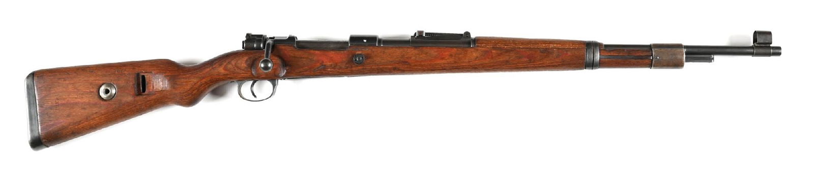 (C) MAUSER BYF 43 CODE K98 BOLT ACTION RIFLE (1943).: Manufactured in 1943. Finished in wartime and post-War arsenal blued finishes. Hooded barleycorn front sight and tangent rear. Heer marked red glue laminate stock with Yugoslavian "1.TRZ" rebuild mark