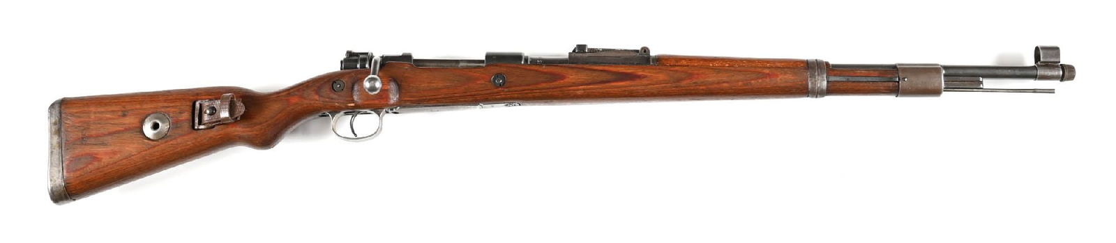 (C) STEYR BNZ 42 CODE K98 8MM MAUSER BOLT ACTION RIFLE (1942).: Manufactured in 1942. Hooded front sight and tangent rear. Laminate stock stamped with "1.TRZ" Yugoslavian rebuild marking. Machined mounts and cupped butt plate. Externally visible numbers are largel