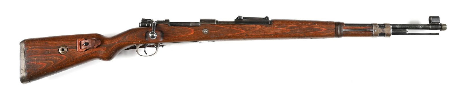 (C) STEYR BNZ 41 CODE K98 8MM MAUSER BOLT ACTION RIFLE (1941).: Manufactured in 1941. Eastern European rebuild with a small "X" on receiver. German eagles are intact. Hooded front sight and tangent rear. Heer marked red glue laminate stock with "H" front band, mac
