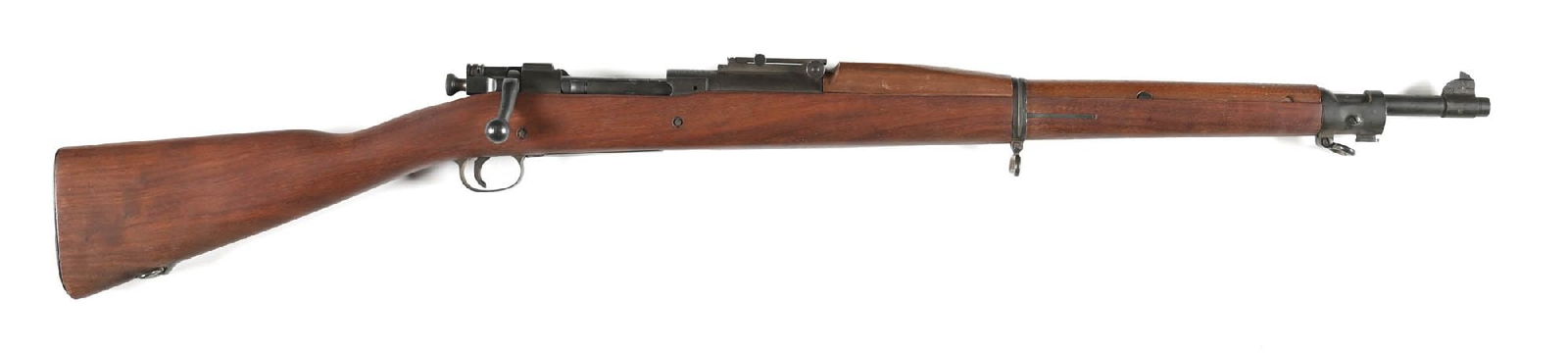 (C) U.S. SPRINGFIELD MODEL 1903 WWII REBUILD MARK I PEDERSEN DEVICE CUT BOLT ACTION RIFLE: The replacement barrel is stamped SA and dated 8-42. Standard rework with steel parts, WWII era barrel mounted 2700 yard sight, walnut stock with two reinforcing bolts, and the war era forearm with si