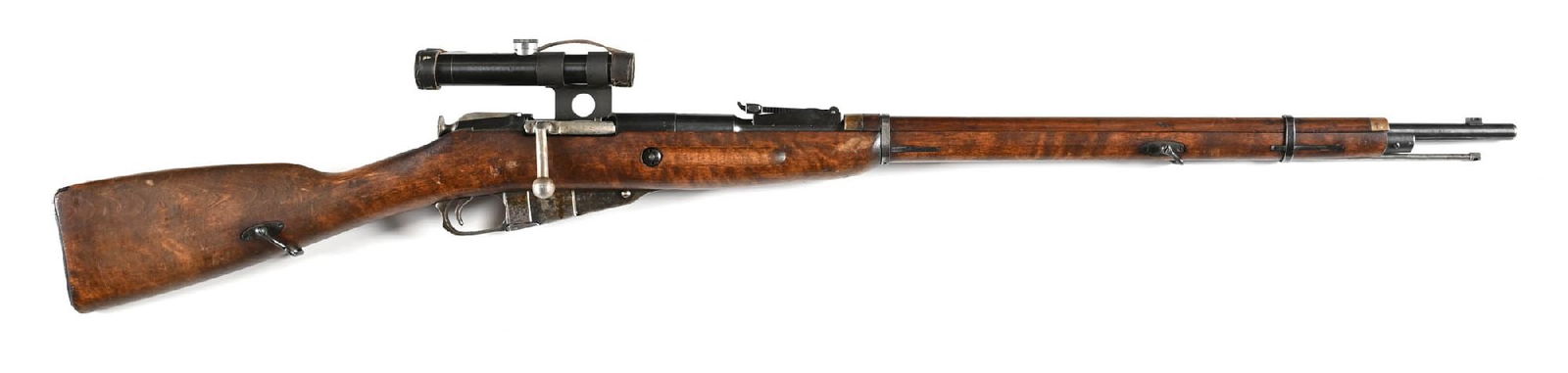 (C) FINNISH TIKA M91/30 MOSIN-NAGANT BOLT ACTION PU STYLE SNIPER RIFLE.: Scarce 1944 Tikka barreled round receiver Mosin with Finnish "SA" marking. Front sight has been removed. 2000 meter tangent rear. Receiver is mounted with a 1944 dated PU scope on a reproduction base.