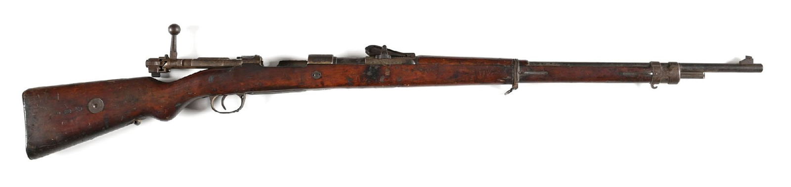 (C) WWI SIMSON GEWEHR 98 MAUSER BOLT ACTION RIFLE.: Manufactured in 1916. Standard World War I configuration with barleycorn front sight, battle damaged rollercoaster rear, and solid walnut stocks. Externally visible numbers are matching. No visible im