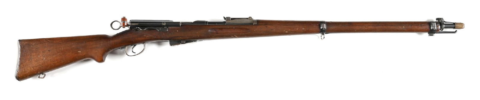 (C) SWISS MODEL 1896/11 SCHMIDT-RUBIN STRAIGHT PULL RIFLE.: Updated Model 1896 service rifle. Classically rust blue finished. Blade front sight and 2000 meter tangent rear. Finger groove walnut stock with arsenal added pistol grip and steel butt plate. Stock c