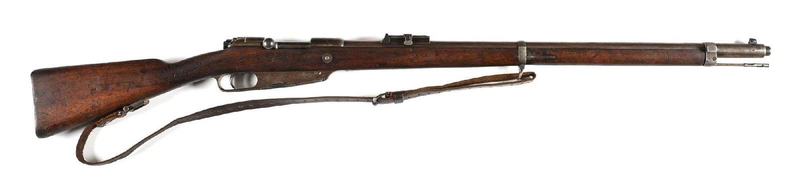 (A) LOEWE GEWEHR 1888/05 BOLT ACTION COMMISION RIFLE.: Manufactured in 1890. This example has been updated to accept spitzer ammunition as marked with an "S" on the chamber. It has also been cut to accept chargers, the magazine adapter dated 1914. Barleyc