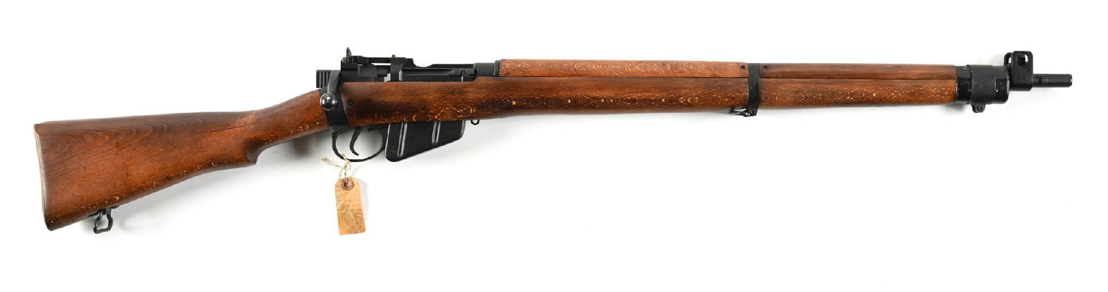 (C) BRITISH ENFIELD NO. 4 MK. 1/3(F) BOLT ACTION RIFLE.: Updated with a 1954 factory through repair. Full matte black finish. Standard sights. Classic military stocks. Import marked on the receiver ring. Includes importer box. CONDITION: Excellent as unissu