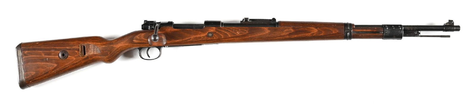 (C) SAUER CE 44 CODE K98 BOLT ACTION RIFLE.: Dated 1944. Period arsenal brushed blue finish. Receiver ring appears to have reapplied blue. Code is soft although other markings remain strong. Ramped blade front sight and tangent rear. White glue