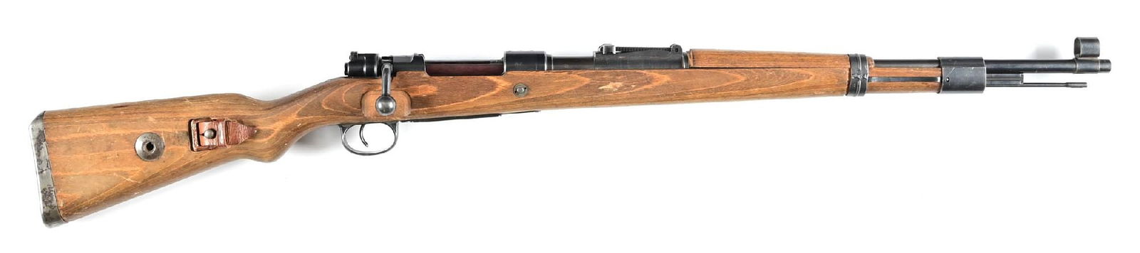 (C) BRUNN DOT 1944 CODE K98 MAUSER BOLT ACTION RIFLE (1944).: Manufactured 1944 by Brunn with "dot 1944" code. Blue finish with laminated wood stock and forearm. Bright finished cup pattern buttplate. Hooded front blade sight with cleaning rod. "(Eagle) / 63" wa