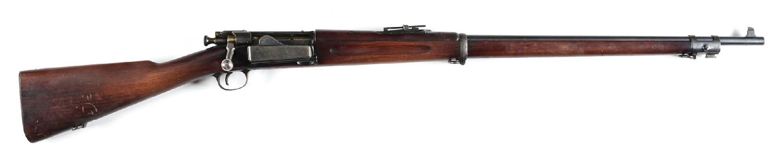 (C) U.S. SPRINGFIELD ARMORY MODEL 1898 KRAG BOLT ACTION RIFLE (1903).: Manufactured 1903. Blue finished barrel, bright finished bolt, oil finished walnut stock with SWP 1903 cartouche. Steel buttplate with trap for tools and folding ladder rear sight. with blade front si
