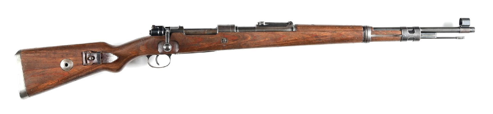 (C) BRUNN DOU 42 CODE K98 MAUSER BOLT ACTION RIFLE.: Manufactured 1942 by Brunn in Czechoslovakia. Steel cup buttplate and WW2 German leather sling. Receiver ring marked "dou 42" with "(Eagle) / WaA80" Waffenamt. Hooded front sight with laminated wood s