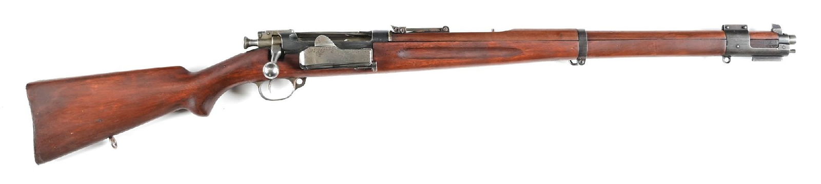 (C) 1924 DATED NORWEGIAN M1912 KRAG JORGENSEN BOLT ACTION CARBIN.: Manufactured 1924 with full length walnut stock. Original Krag action with side loading magazine trap. Blue finished with varnished walnut stocks. CONDITION: Very fine as arsenal refurbished with exce