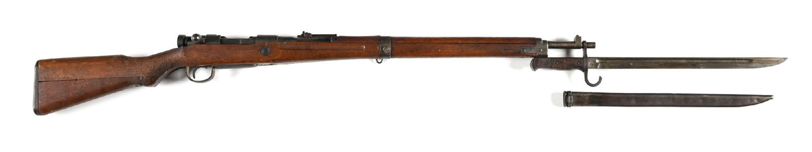 (C) KOKURA TYPE 99 7.7 ARISAKA BOLT ACTION RIFLE WITH BAYONET.: Appears to be Series 25, but mark is not completely clear. Barleycorn front sight, ladder rear sight without wings, typical Kanji over chamber for Type 99 designation, and a partially defaced Chrysant