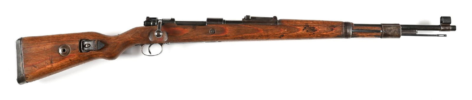 (C) GUSTLOFF-WEKRE BCD 43 CODE K98 8MM MAUSER BOLT ACTION RIFLE.: Manufactured in 1943. Finished in faded arsenal reapplied blue. Hooded front sight and tangent rear. Red glue laminate stocks with machined mounts and a cupped "brg" butt plate. Externally visible num