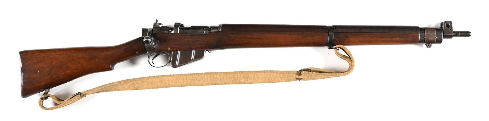(C) BRITISH LEE ENFIELD N0. 4 .303 BRITISH BOLT ACTION RIFLE (1943).: Dated 1943. Heavy arsenal refinish throughout with markings soft. Otherwise standard military configuration with protected blade front sight, 2 position flip rear sight, walnut stocks, and zinc butt p