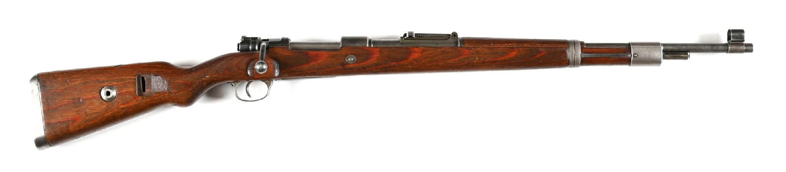 (C) J.P. SAUER CE 43 CODE K98 8MM MAUSER BOLT ACTION RIFLE.: Manufactured in 1943. Arsenal blue has faded to a gray patina, although the floor plate has been reblued. Hooded front sight and tangent rear. Waffenamts have been peened out, indicating Eastern Europ