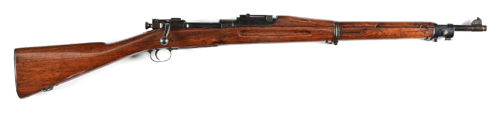 (C) REBUILT U.S. SPRINGFIELD MODEL OF 1903 BOLT ACTION RIFLE.: The Springfield frame dates to 1934. The replaced barrel is a 1908 dated RIA. All parts are milled. The butt plate is finely checkered including the trap door. The walnut stock features the finger gro