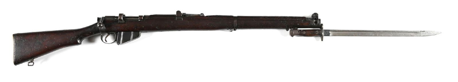 (C) WWI LITHGOW SHTLE III* BOLT ACTION RIFLE WITH BAYONET.: Manufactured in 1918. Standard military configuration. Import marked on charger guide. Includes Sanderson P1907 bayonet. CONDITION: Fair. Well defined bore with darkness in the grooves. Barrel Length: