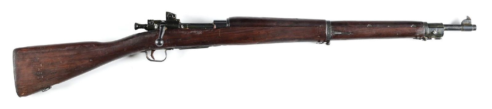 (C) U.S. REMINGTON 03-A3 BOLT ACTION RIFLE.: The Remington barrel is dated 8-44. Standard WWII issue rifle with stamped parts, A3 rear sight, straight grip walnut stock, no finger grooves, and checkered buttplate with smooth trap door. CONDITION