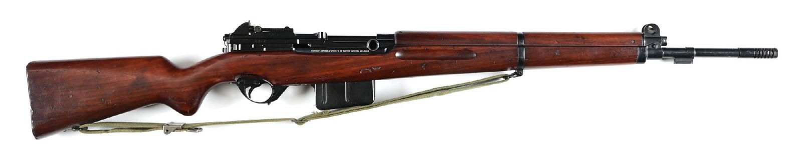 (C) VENEZUELAN CONTRACT FABRIQUE NATIONAL FN49 SEMI AUTOMATIC RIFLE.: Contracted to Venezuela with Venezuela crest on receiver ring. Integral muzzle brake on barrel. Oil finished walnut stocks with slide adjustable military pattern rear sight and blade front sight. Matc