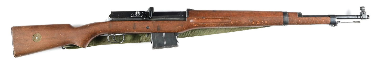(C) SWEDISH LJUNGMAN AG-42B SEMI AUTOMATIC RIFLE.: Manufactured 1945. Integral muzzle brake with hooded front sight. Knob adjustable rear military sight. Oil finished blond wood stocks with steel buttplate and 2 steel barrel bands with bayonet attachm
