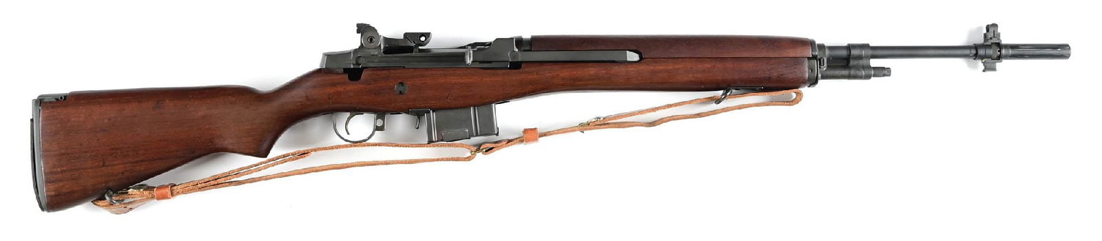 (M) SPRINGFIELD ARMORY M1A SEMI AUTOMATIC RIFLE WITH BOX: Standard with walnut pistol grip stock, matte finish, factory front and rear sights, hinged butt plate, and sling. In a factory box. CONDITION: Shows as near new with nominal handling marks. Accessori