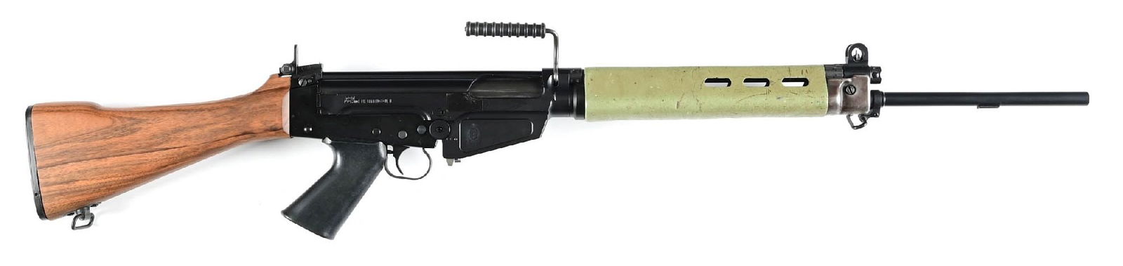 (M) ARGENTINE MARKED DSA SA58 FAL PATTERN .308 SEMI-AUTOMATIC RIFLE.: DSA receiver marked on the right with an added Argentine military crest. Rifle has full matte black finishes, pencil barrel without muzzle device, protected post front sight, aperture rear, green comp