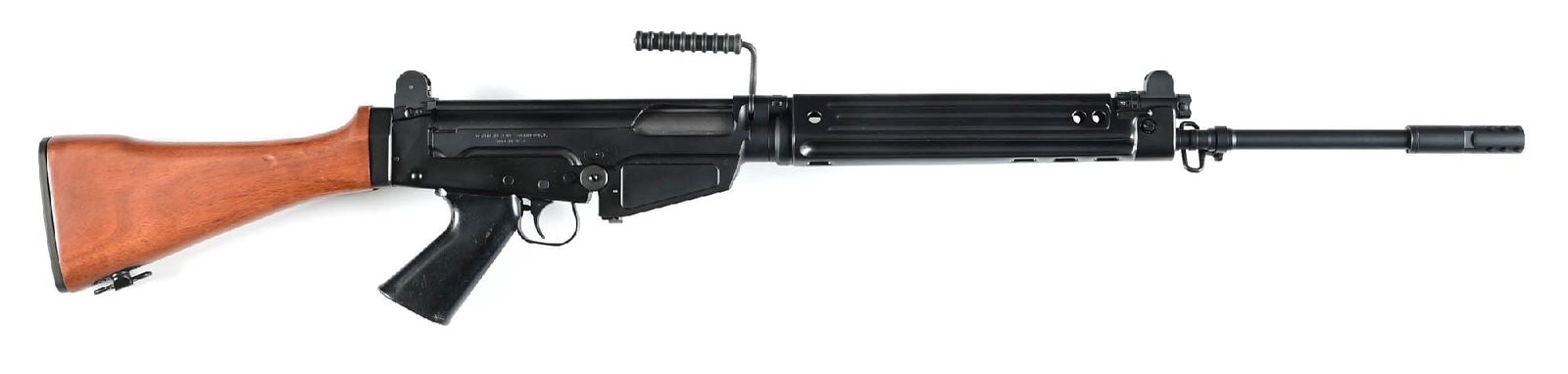 (M) DSA SA58 FAL PATTERN 7.62X51MM SEMI-AUTOMATIC RIFLE.: Features include full matte black finishes, perforated muzzle brake, milled receiver, protected post front sight, 2-position flip aperture rear, stamped steel handguard, polymer pistol grip, and walnu