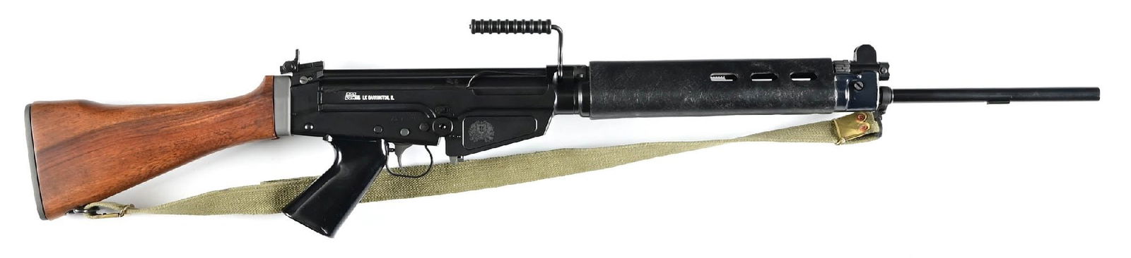 (M) ARS CUSTOM PORTUGUESE MARKED DSA SA58 FAL PATTERN 7.62X51MM SEMI-AUTOMATIC RIFLE.: Custom built by Arizona Response Systems circa 2022 on a DSA receiver and marked on the right with a Portuguese crest. Rifle has full matte black finishes, pencil barrel without muzzle device, protect