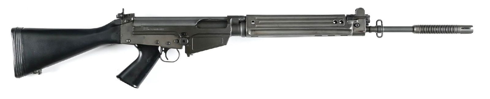 (M) DSA SA58 FAL PATTERN .308 SEMI-AUTOMATIC RIFLE: Features include full matte gray finishes, grenade launcher muzzle device, protected post front sight, adjustable aperture rear, stamped steel handguard, polymer pistol grip, and polymer stock with ru