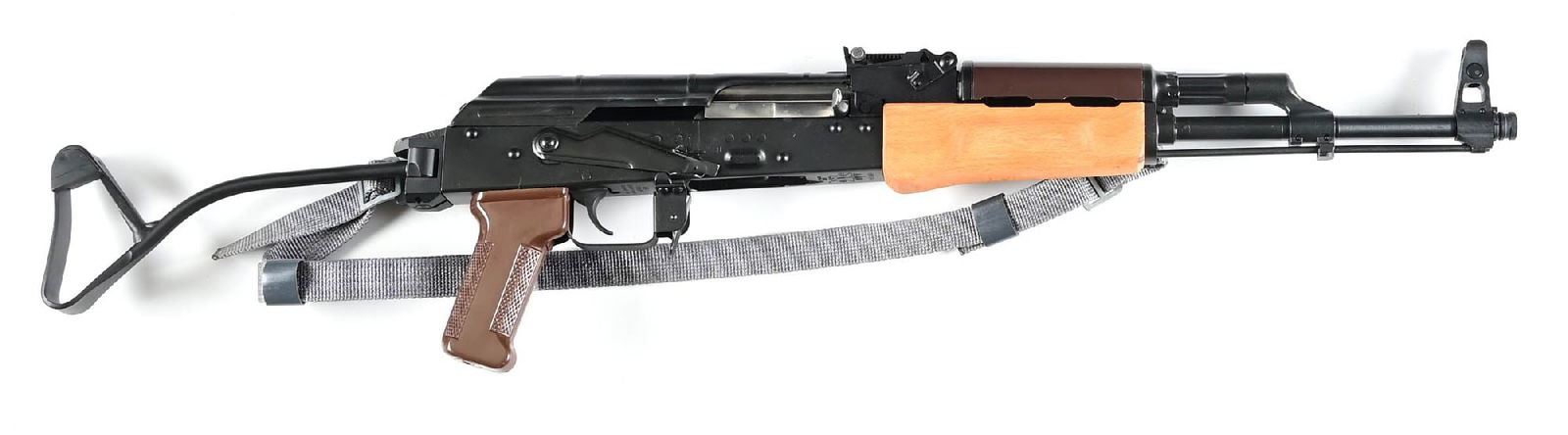(M) EAST GERMAN CHILDERS CG3 7.62X39MM SIDE FOLDER SEMI-AUTOMATIC RIFLE.: Built on a Childers CG3 stamped receiver with East German crest on the left side. Trunnion dated 1969. Matte black finishes throughout. Threaded barrel and standard AK pattern sights. Furniture includ