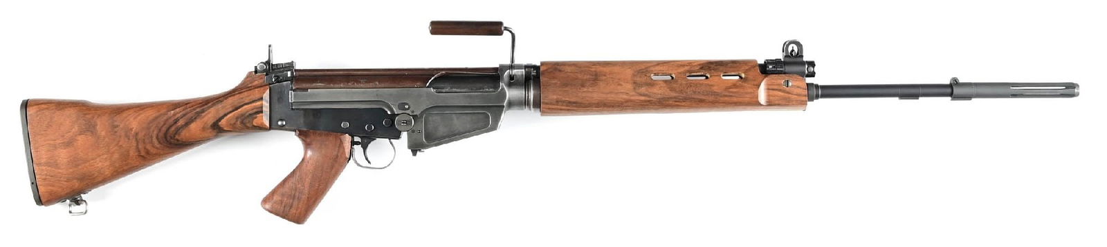 (M) DSA G1 FAL PATTERN 7.62X51MM SEMI-AUTOMATIC RIFLE.: Built on a DSA receiver with replica West German G1 markings, the DSA manufacturer markings stamped on the inside of the magazine well. Features include a long slotted flash hider, standard sights, an